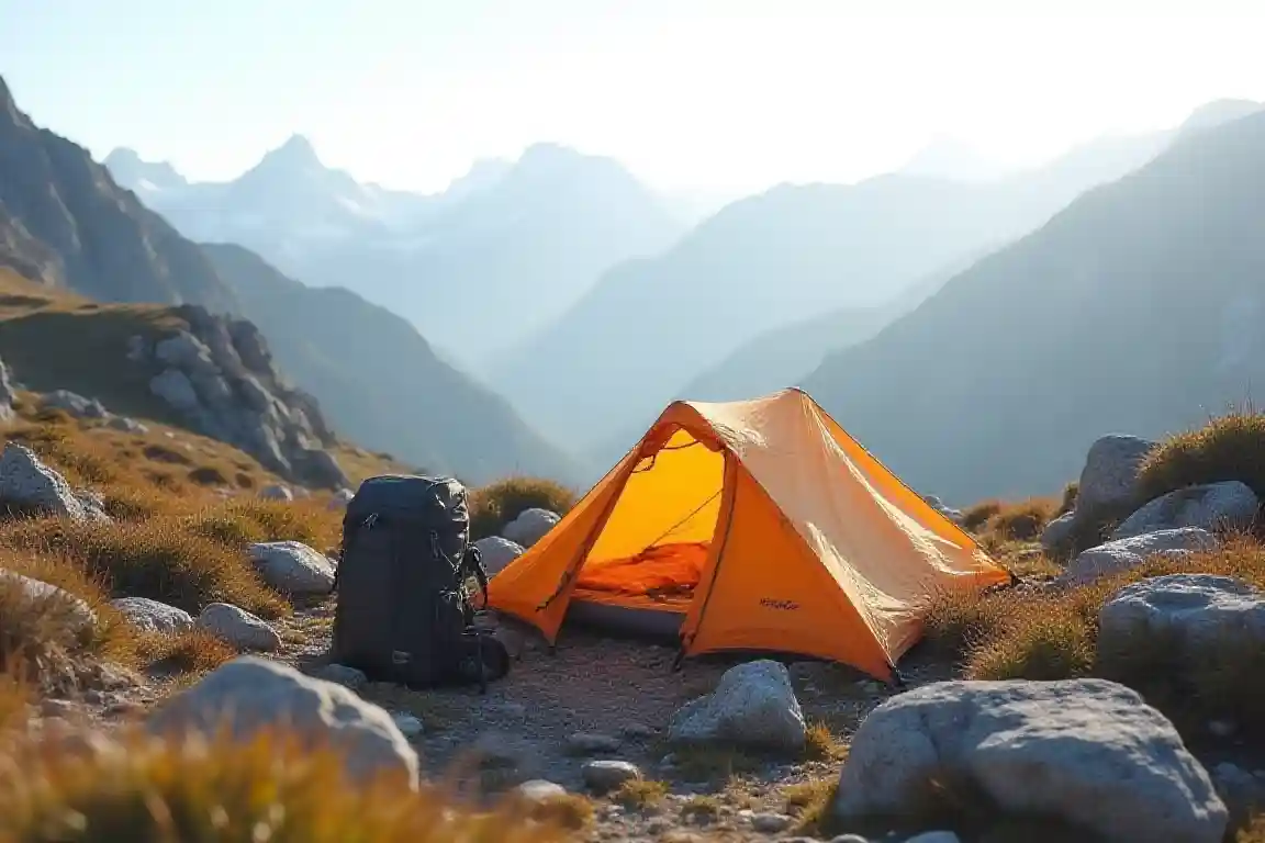 Ultralight bivy sack set up at a scenic mountain campsite for minimalist backpacking