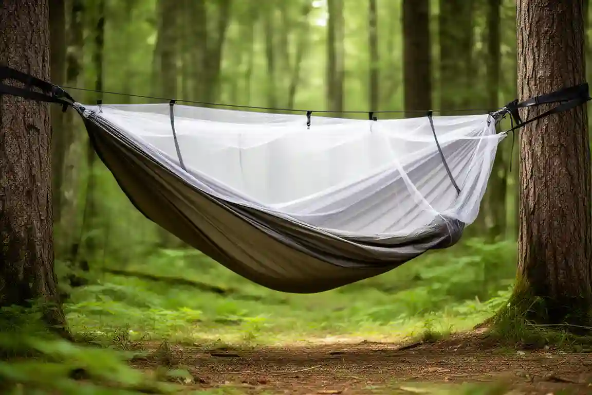 Camping hammock with an integrated mosquito net suspended between trees in a natural outdoor campsite