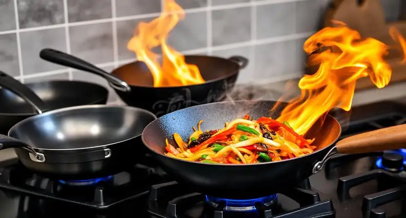 Best carbon steel pans arranged for high-heat wok cooking and authentic wok hei results