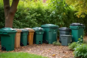 Outdoor composting bins in a backyard garden for efficient food waste and organic material composting