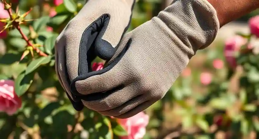 A pair of heavy-duty gardening gloves handling thorny branches, featured in our guide to the 8 best gardening gloves for thorny bushes.