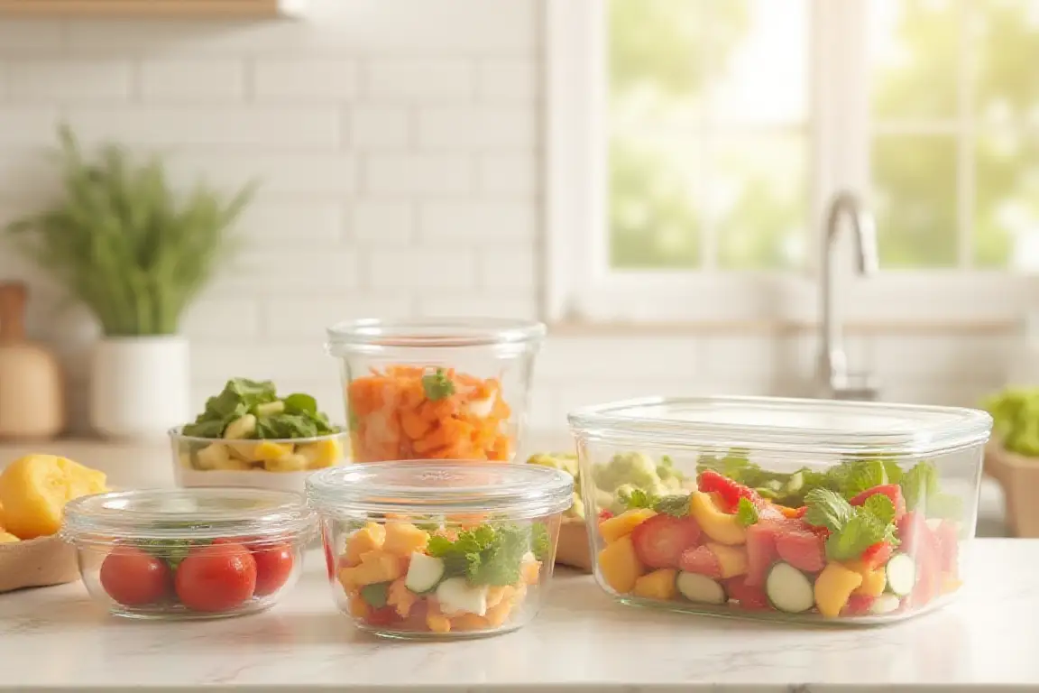Set of durable glass food storage containers with secure lids for meal prep and everyday kitchen storage