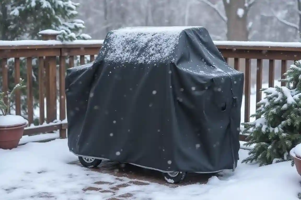 Durable outdoor grill covered with a weather-resistant grill cover for winter protection from snow, rain, wind, and moisture