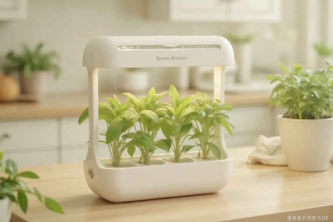 Indoor herb garden kit with fresh basil, mint, and other herbs growing in a compact countertop garden