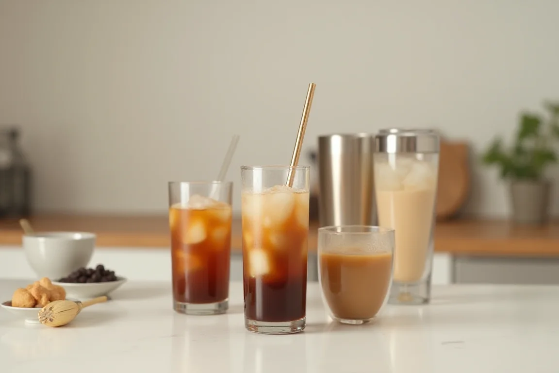 Seven insulated tumblers filled with iced coffee arranged together for a comparison of cold drinkware