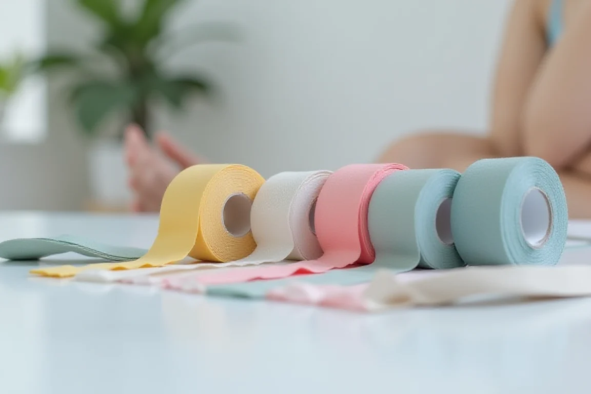 Kinesiology tapes in different colors and sizes arranged for sports support and muscle recovery