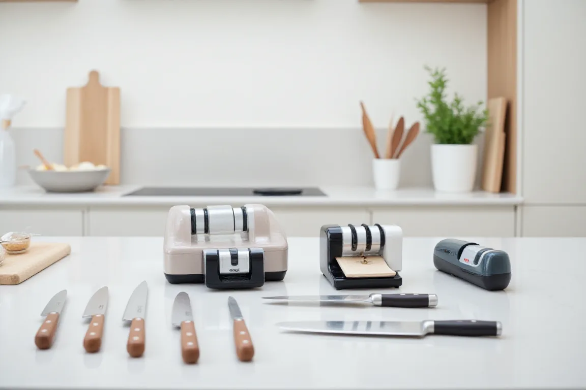 Best knife sharpeners for beginners arranged with kitchen knives for easy and effective knife sharpening