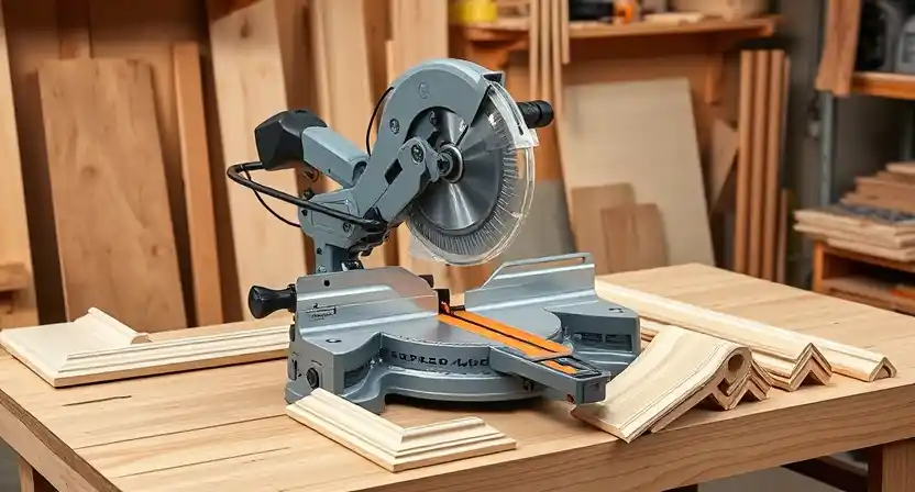 Miter saw cutting decorative wood trim and molding with precise angled cuts for woodworking projects