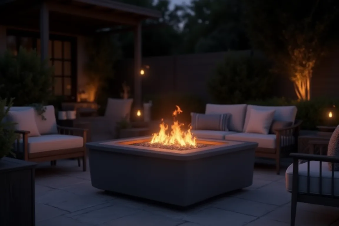Modern smokeless outdoor fire pit surrounded by comfortable patio seating in a stylish backyard