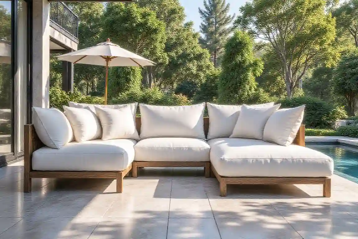 Outdoor sectional sofa with waterproof cushions arranged on a stylish patio for comfortable weather-resistant seating