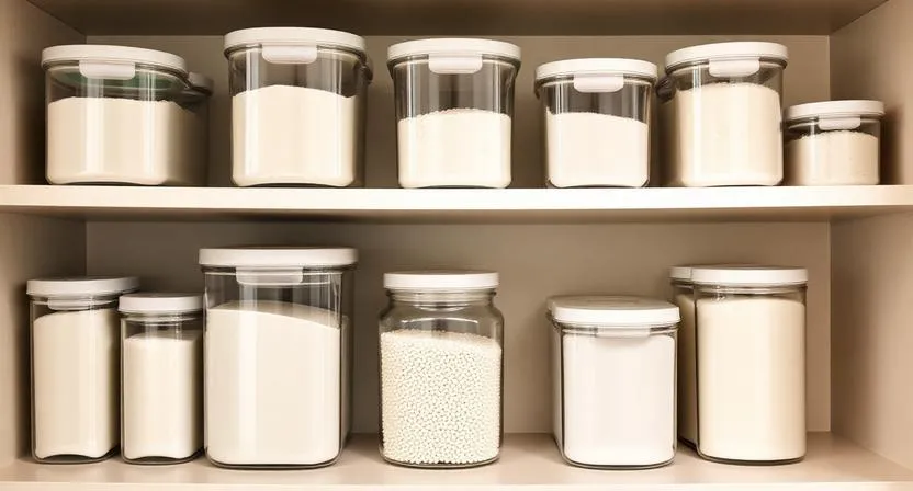 Airtight pantry storage containers filled with flour and sugar neatly organized in a kitchen cabinet