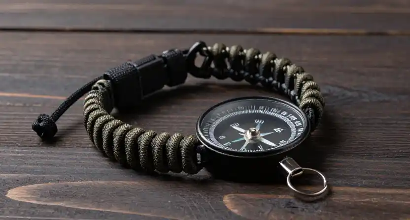 Close-up of a braided paracord bracelet with a compass for our 10 best paracord bracelets with compasses guide.