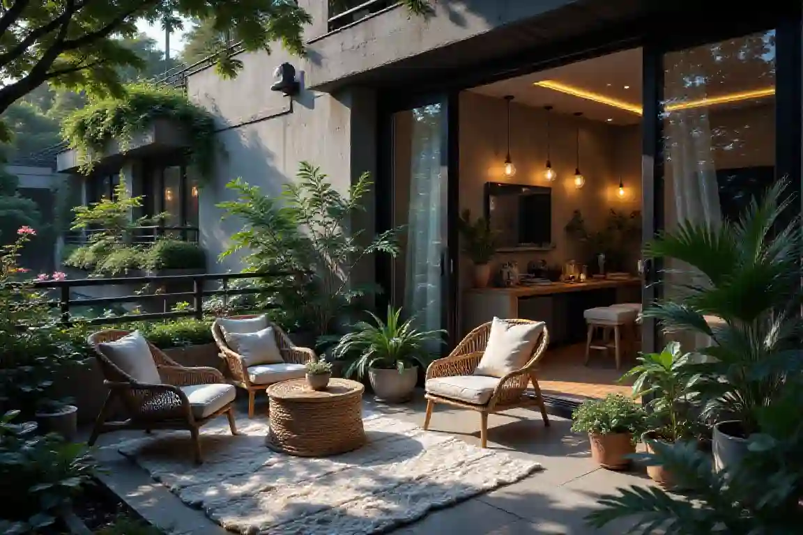 Compact patio furniture set arranged on a small balcony with space-saving outdoor seating and a stylish design