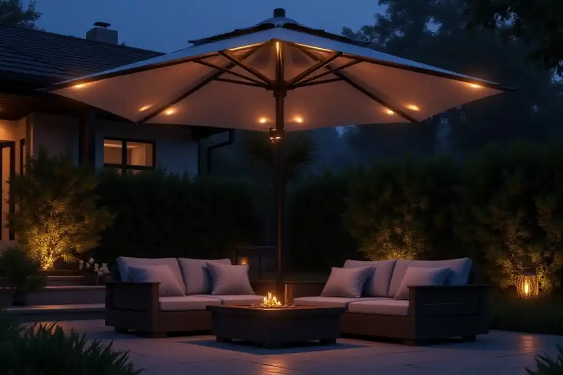 Patio umbrella with solar LED lights providing shade and outdoor lighting for a backyard seating area
