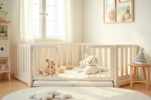 Baby playpen in a bright home nursery with a safe spacious area for babies and toddlers to play