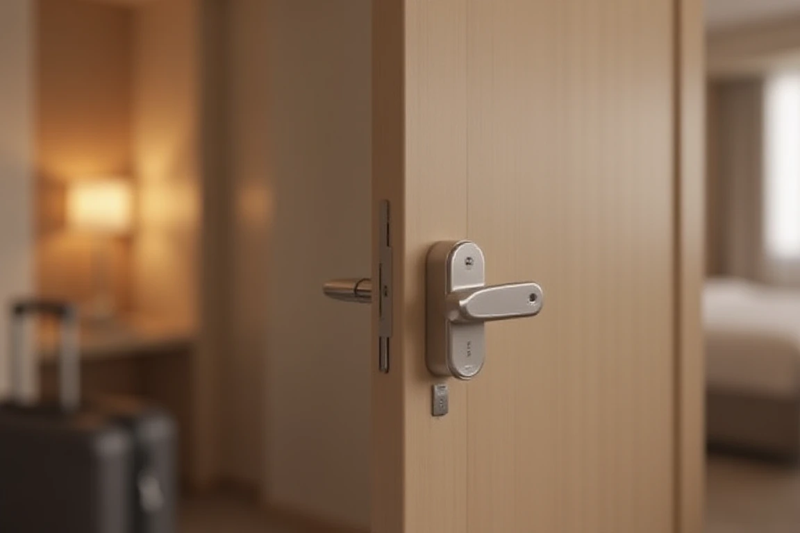 Portable door lock secured to a hotel room door for added travel security and privacy