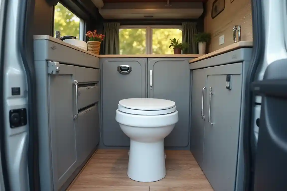 Portable toilet setup inside a compact campervan for comfortable van life and off-grid travel