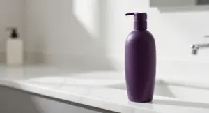 A bottle of purple shampoo for blonde hair on a marble ledge used in our 10 best purple shampoos for blonde hair review.