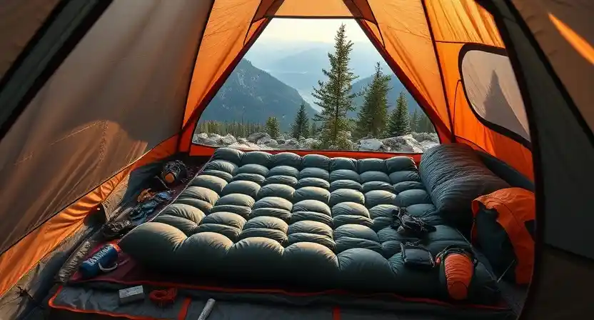 Lightweight sleeping pad inside a backpacking tent with outdoor camping gear for comfortable overnight hiking trips