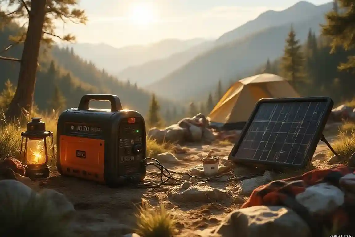 Portable solar generator powering essential camping equipment at an off-grid campsite with solar panels nearby
