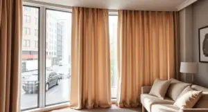 Soundproof curtains covering a home window to reduce traffic and street noise