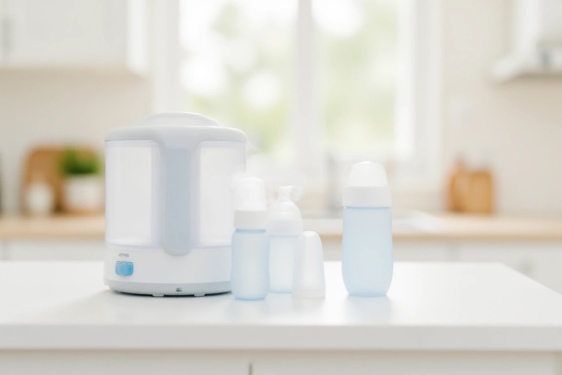 Baby bottle sterilizer with clean baby bottles arranged for safe and hygienic bottle cleaning