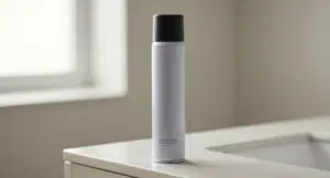 High-end texturizing spray bottle on a vanity for our 9 best texturizing sprays for volume guide.