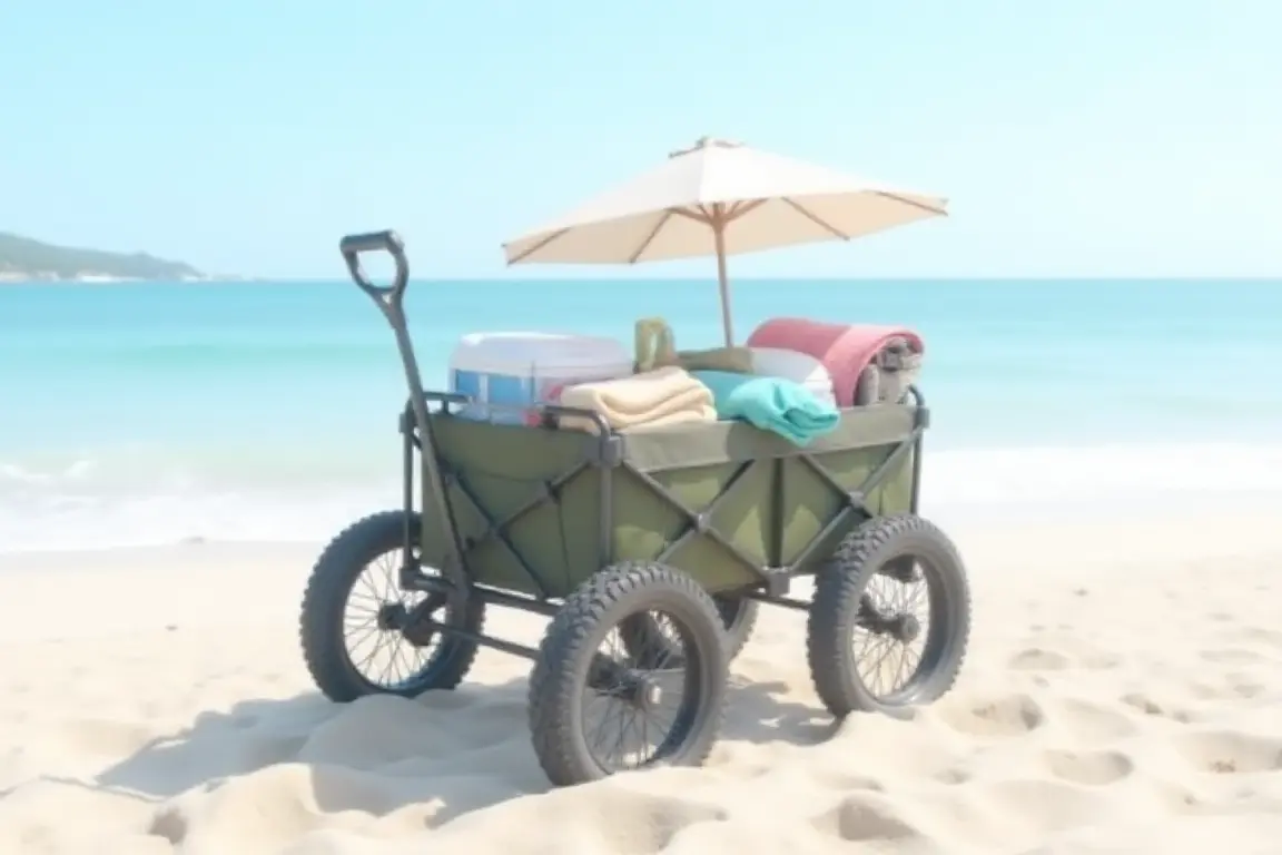 Heavy duty wagon cart with wide sand-friendly wheels carrying beach gear across soft beach sand