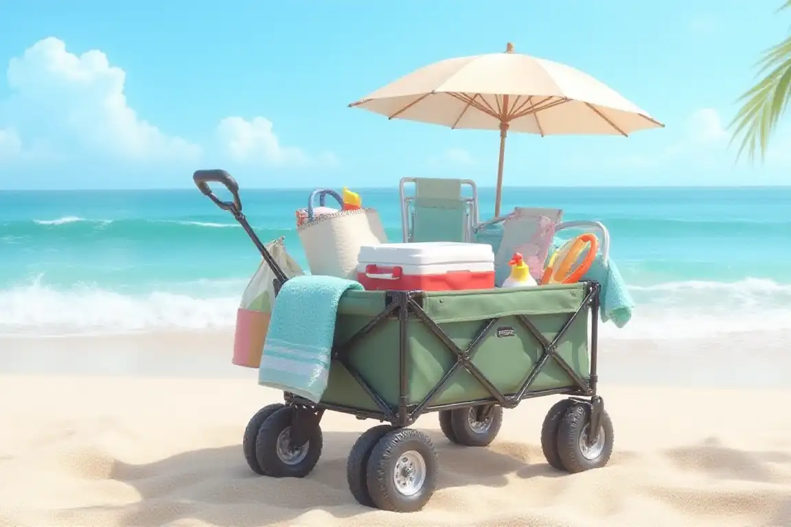 Durable folding wagon cart loaded with beach gear on sandy shoreline for easy outdoor hauling