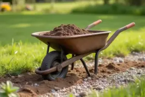Heavy-duty wheelbarrow loaded with soil and landscaping materials for demanding yard work