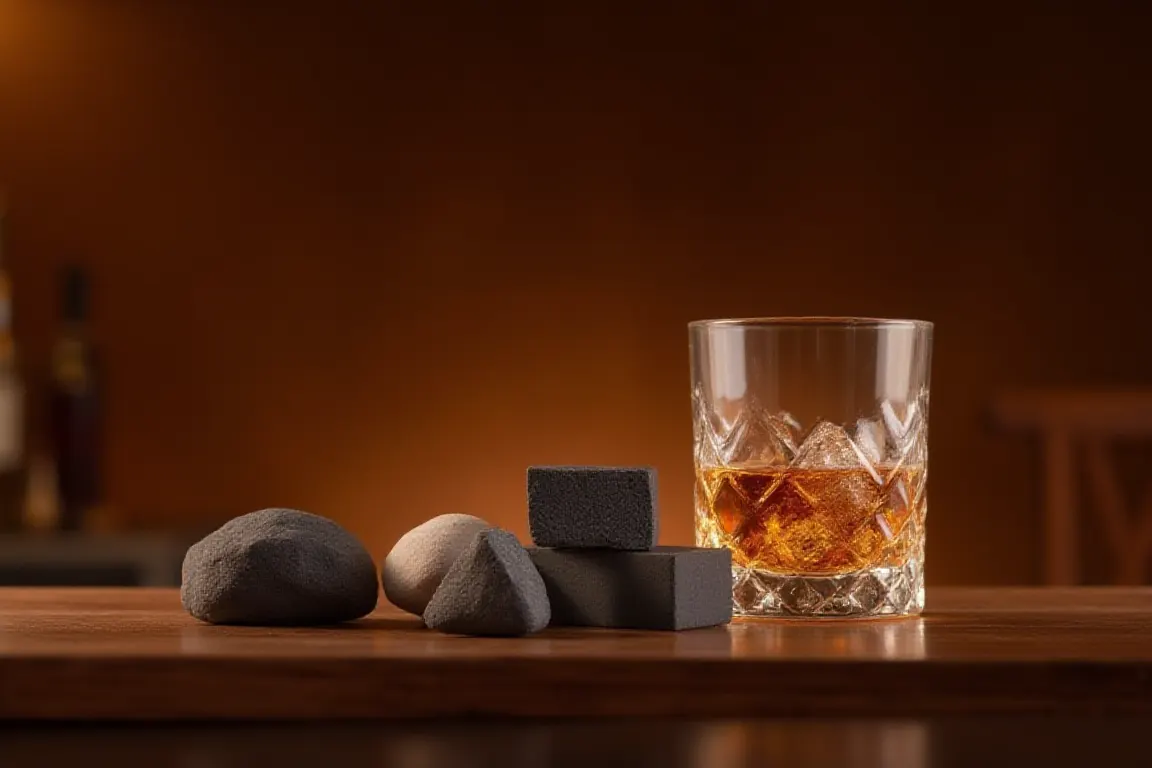Best whiskey stones and chilling rocks arranged with a glass of whiskey for a cooling accessories comparison